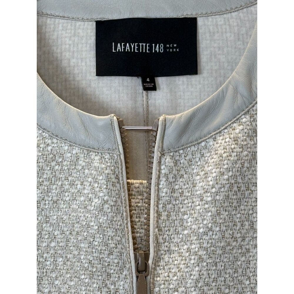 Lafayette 148 Women's Size 4 Cream Tweed Blazer Jacket & Skirt Set Leather Trim - Picture 6 of 10